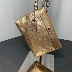 Coach Metallic Gold Leather Wristlet – Perforated Design – Silver Hardware